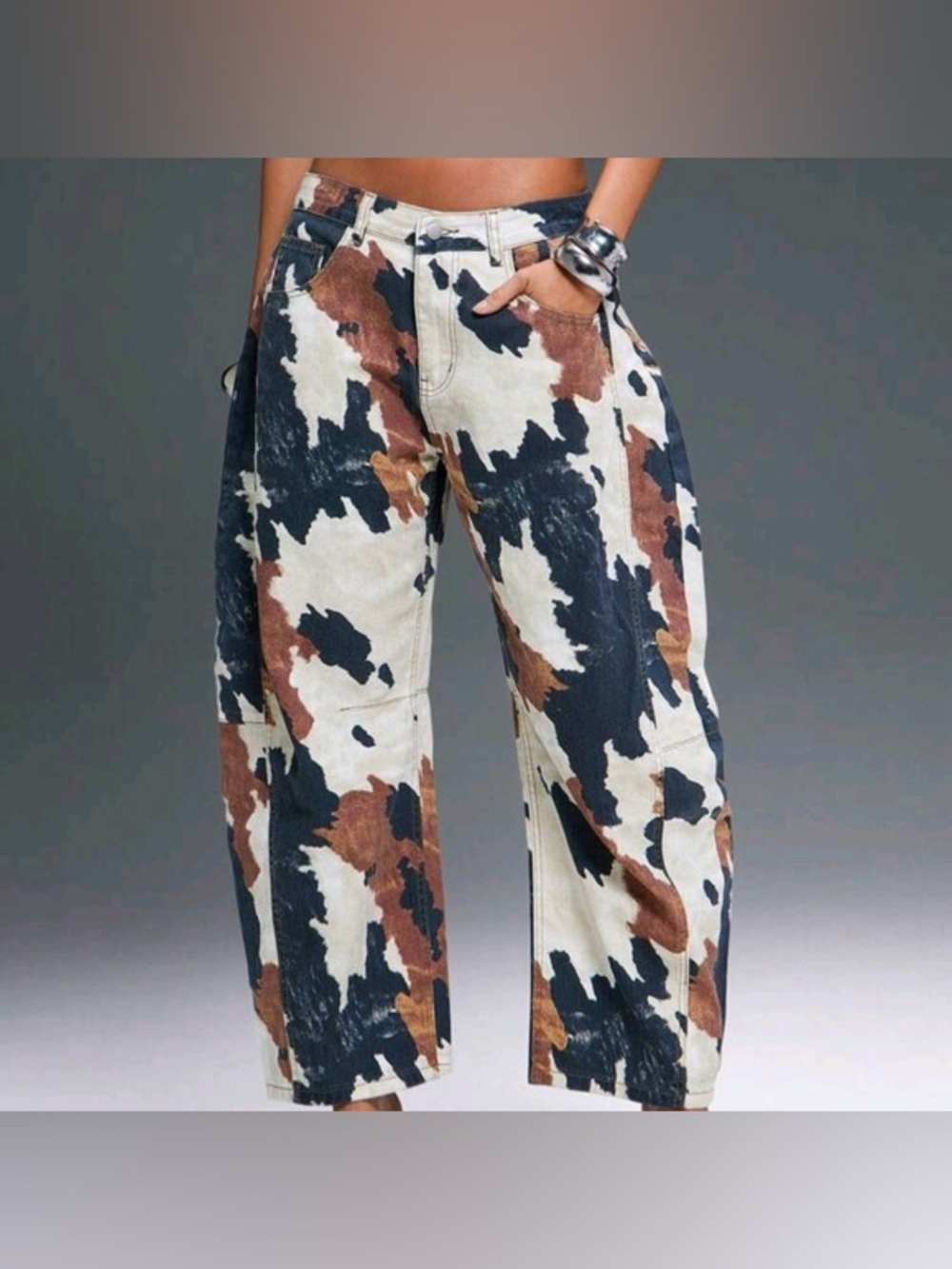 barrel Cow Print Jeans - Brown & Black